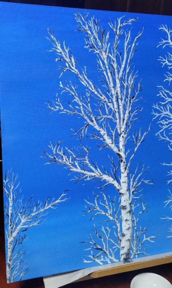 Birches, Mar 2024. I was painting it for my grandma, but certain someone stole it.