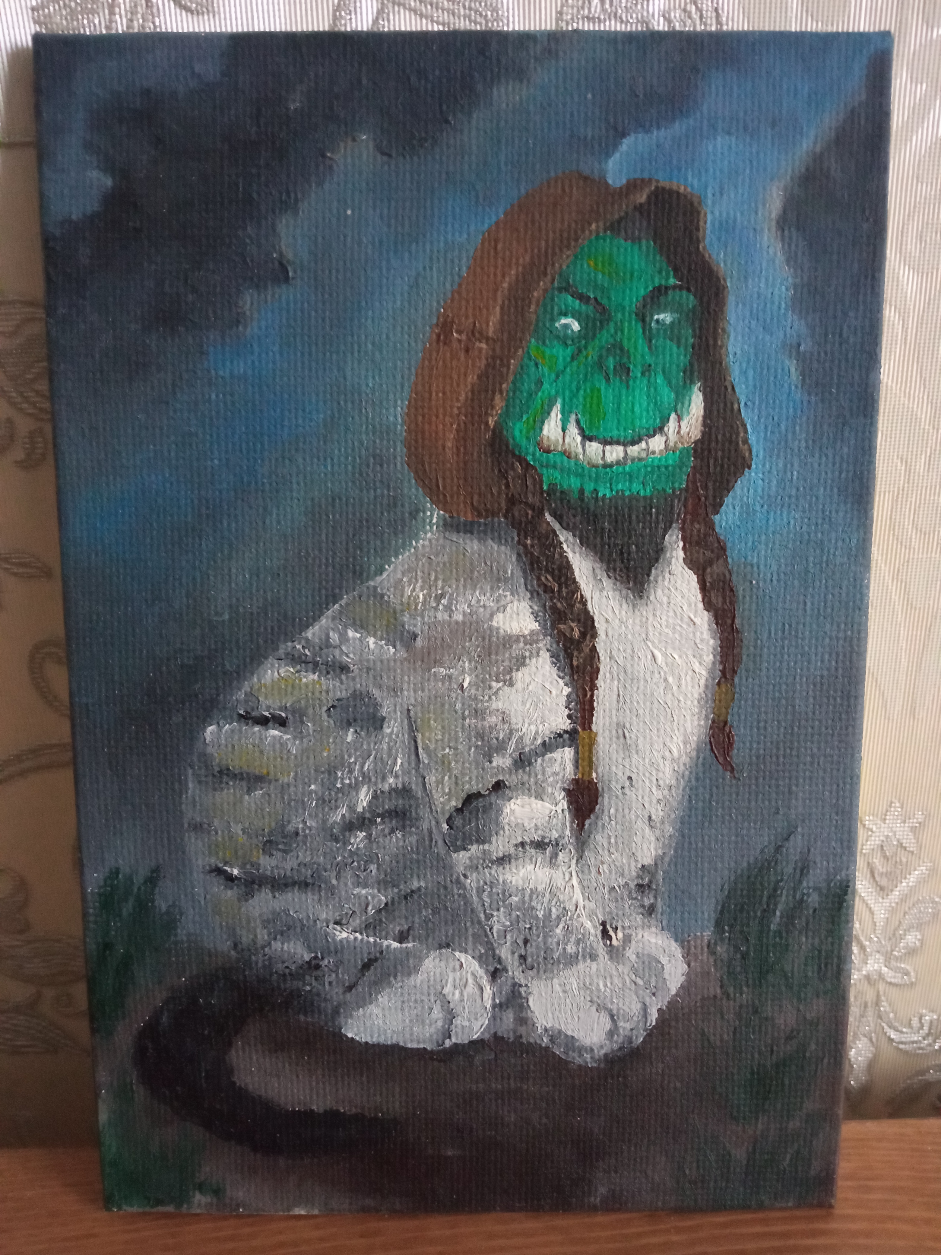 Thrallcat, 2020. Oil on canvas. Is it a cat with a head of Thrall or Thrall with the body of a cat?